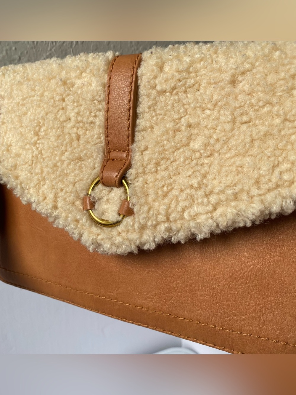 Universal Thread Tan Crossbody Bag with Cream Shearling Flap. **Missing Strap**